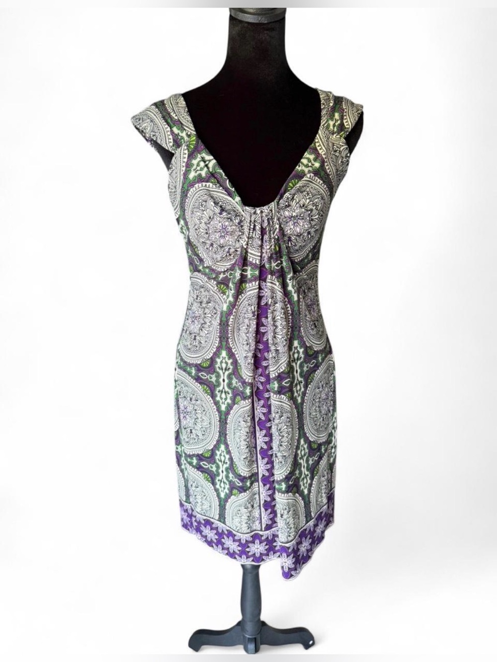 London Times Size 8 Medallion Print Sheath Dress Built-In lined Bra Purple Green - Picture 2 of 6